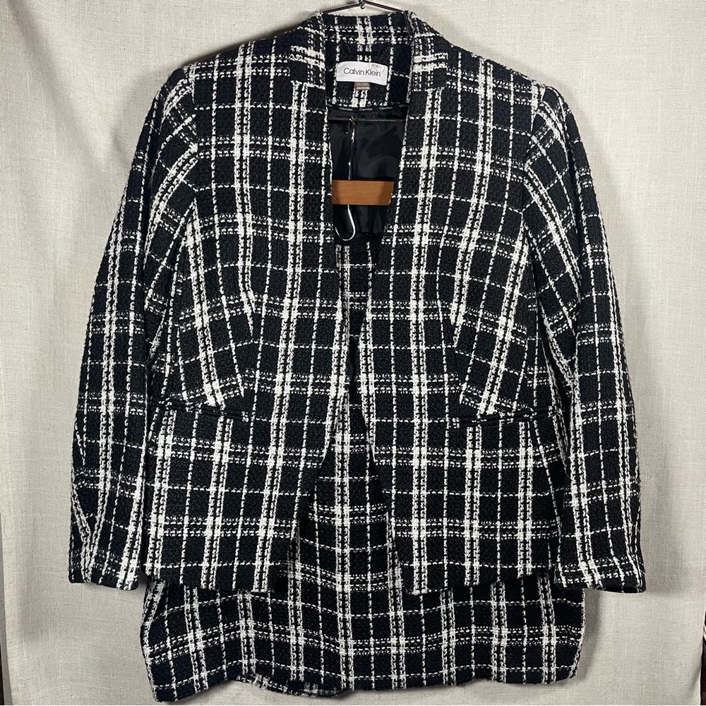 Clavin Klein 2 Piece Black and White Tweed Blazer and Pencil Skirt Set Size 14